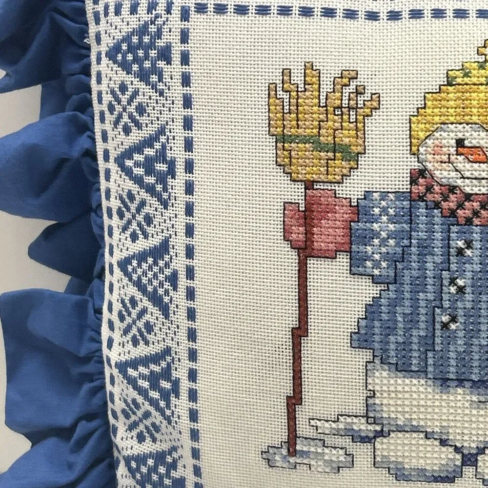 Vintage Handmade Snowman‎ With Broomstick Cross Stitch Throw Pillow EUC